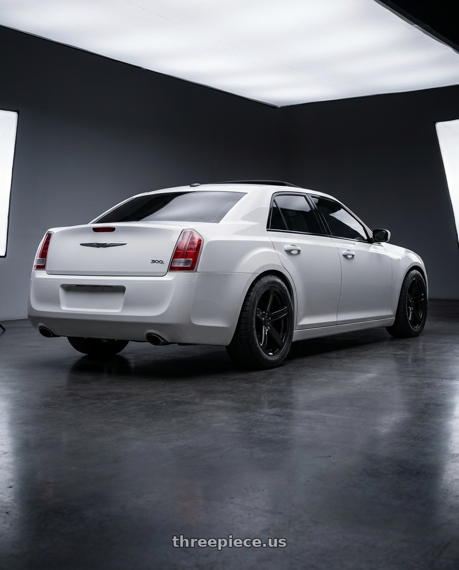 2013 Chrysler 300 with OE Wheels DG22 5x115 20x9.5+18 Satin Black wheels rear three quarter view meaty tires