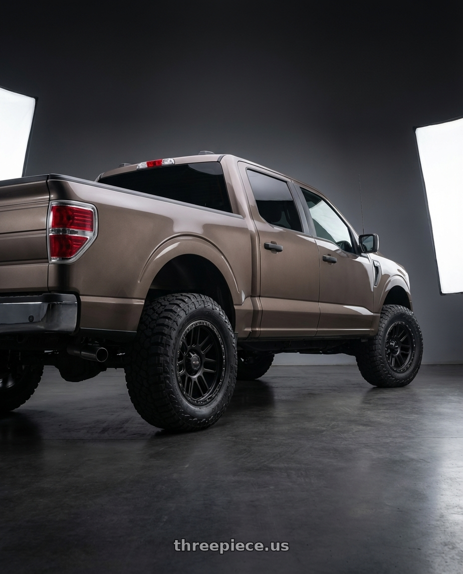 2013 Ford F-150 with Vision Off-Road 111 Nemesis 6x135 20x9+18 Matte Black wheels rear three quarter view meaty tires