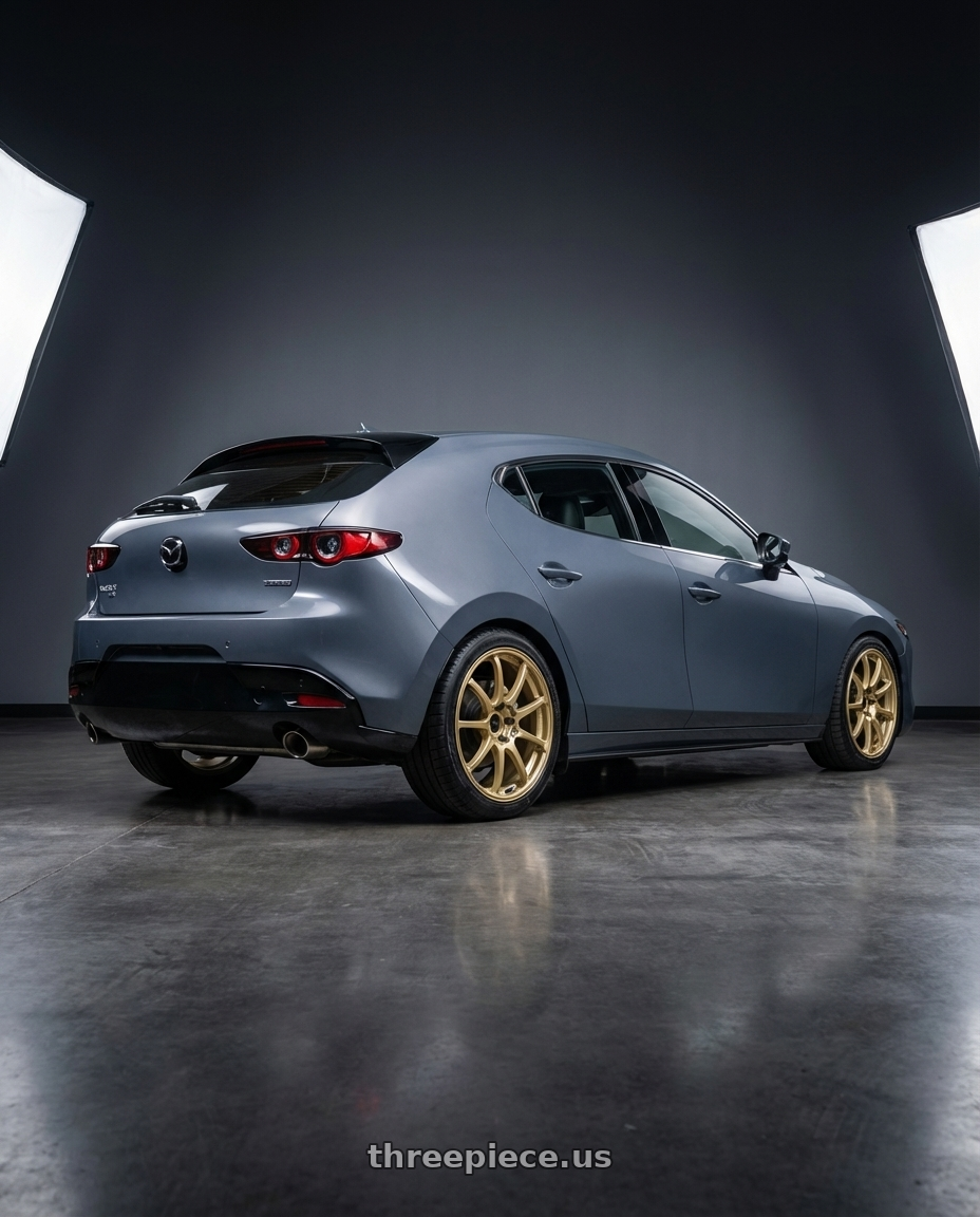 2023 Mazda Mazda3 Turbo with Advan RCIII 5x114.3 18x8.5+38 Gold wheels rear three quarter view square tires