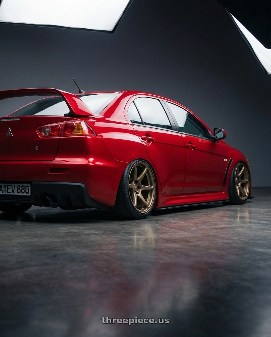 2012 Mitsubishi Lancer Evo X with Kansei K11B Tandem 5x114.3 18x9 12 Bronze wheels rear three quarter view slight stretch tires