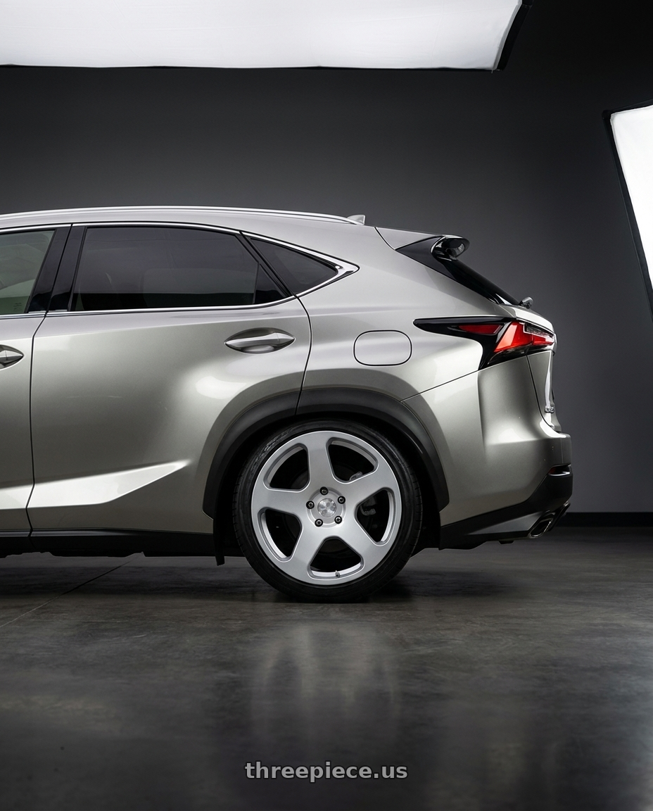 2019 Lexus NX with Rotiform RC200 NUE 5X120 20x10 +40 GLOSS SILVER wheels rear three quarter view slight stretch tires