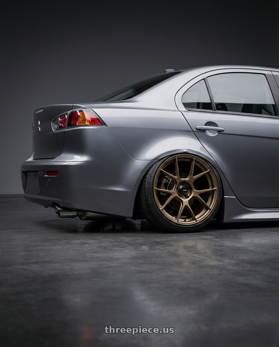2014 Mitsubishi Lancer Ralliart with Konig Ampliform 5x114.3 18x10+20 Gloss Bronze wheels rear three quarter view slight stretch tires