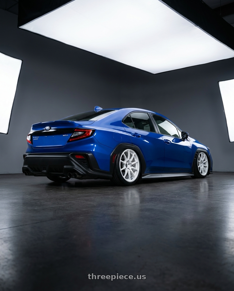 2024 Subaru WRX with Advan RCIII 5x114.3 18x8.5+38 White wheels rear three quarter view slight stretch tires