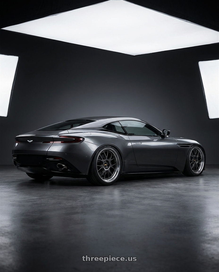 2019 Aston Martin DB11 with BBS LM-R 5x120 19x9.5+25 Diamond Black wheels rear three quarter view square tires
