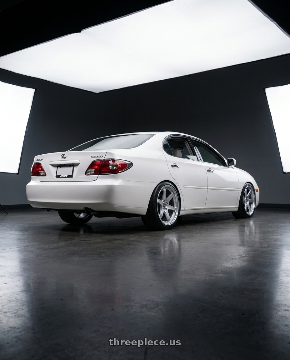 2005 Lexus Es330 with ESR Wheels APEX SERIES AP6 5x120 18x8.5 +30 Hyper Silver wheels rear three quarter view square tires