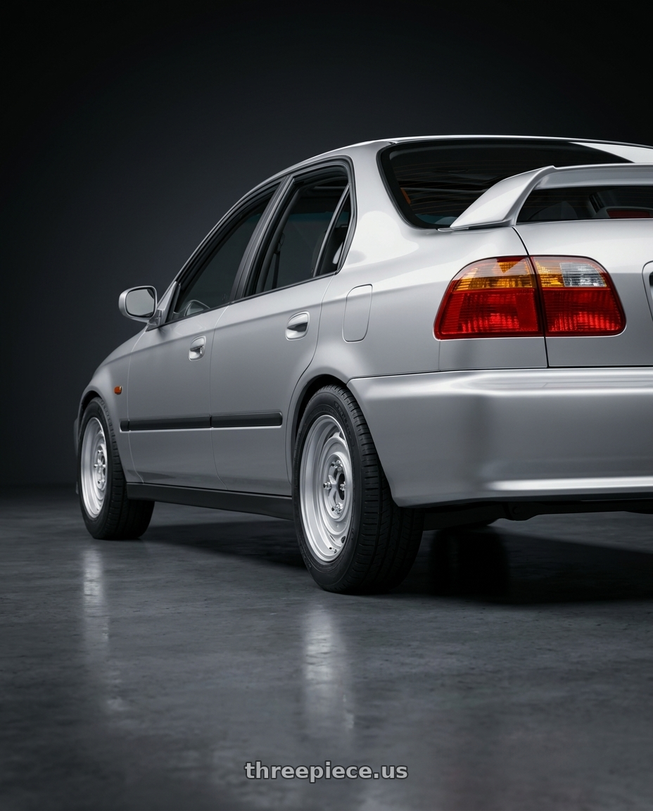 1999 honda civic with Mobelwagen MW430S Interceptor 4X130 15x5.5 20 Silver wheels rear three quarter view square tires
