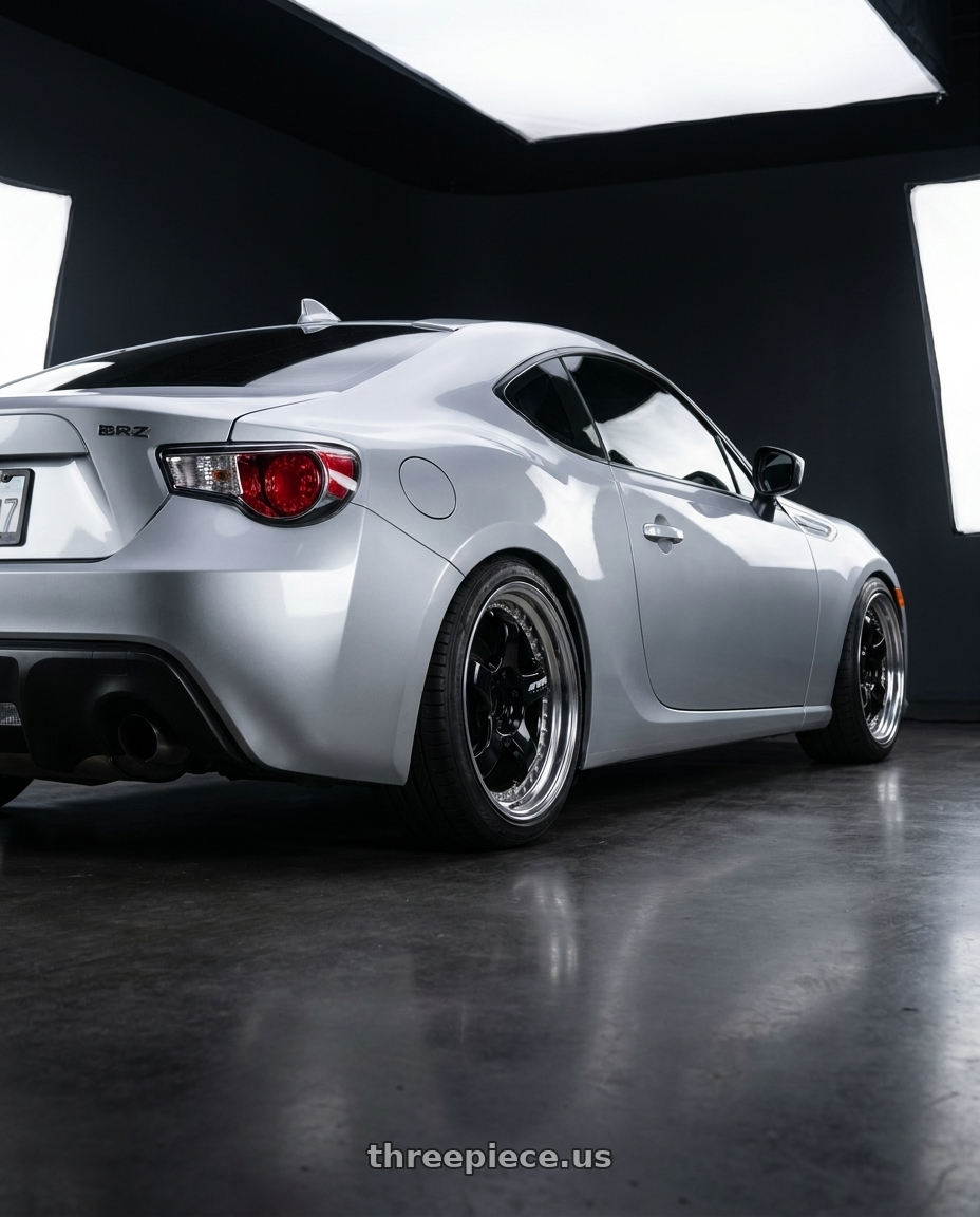 2014 Subaru BRZ with Work Meister S1 3P 5x100 18x8+43 R Disk Black wheels rear three quarter view slight stretch tires