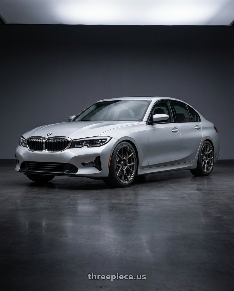 2023 BMW 3 Series G20 with Konig Ampliform 5x112 19x8.5+32 Dark Metallic Graphite wheels front three quarter view lowered stance