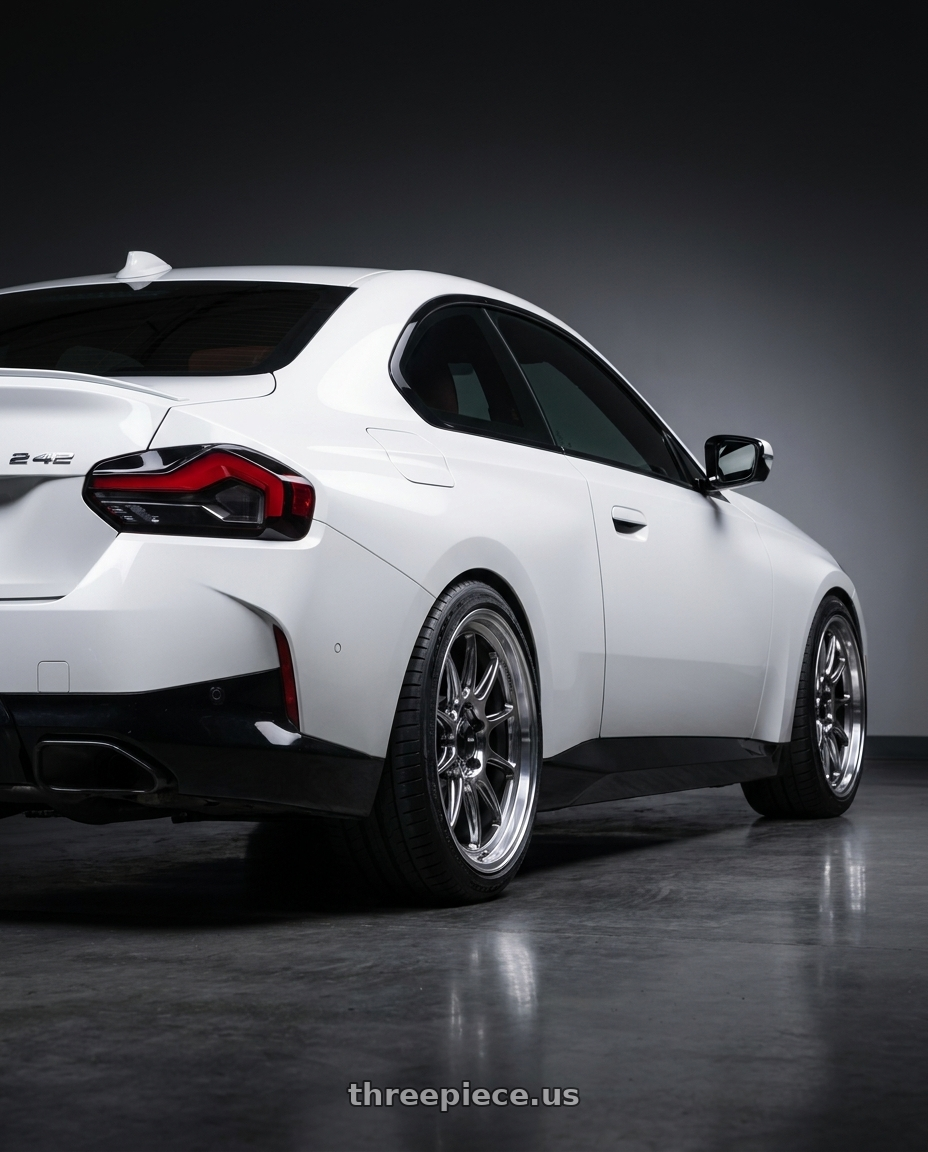 2024 BMW 2 Series G42 with Konig Countergram 5x112 19x11+40 Hyper Chrome / Machined Lip wheels rear three quarter view square tires