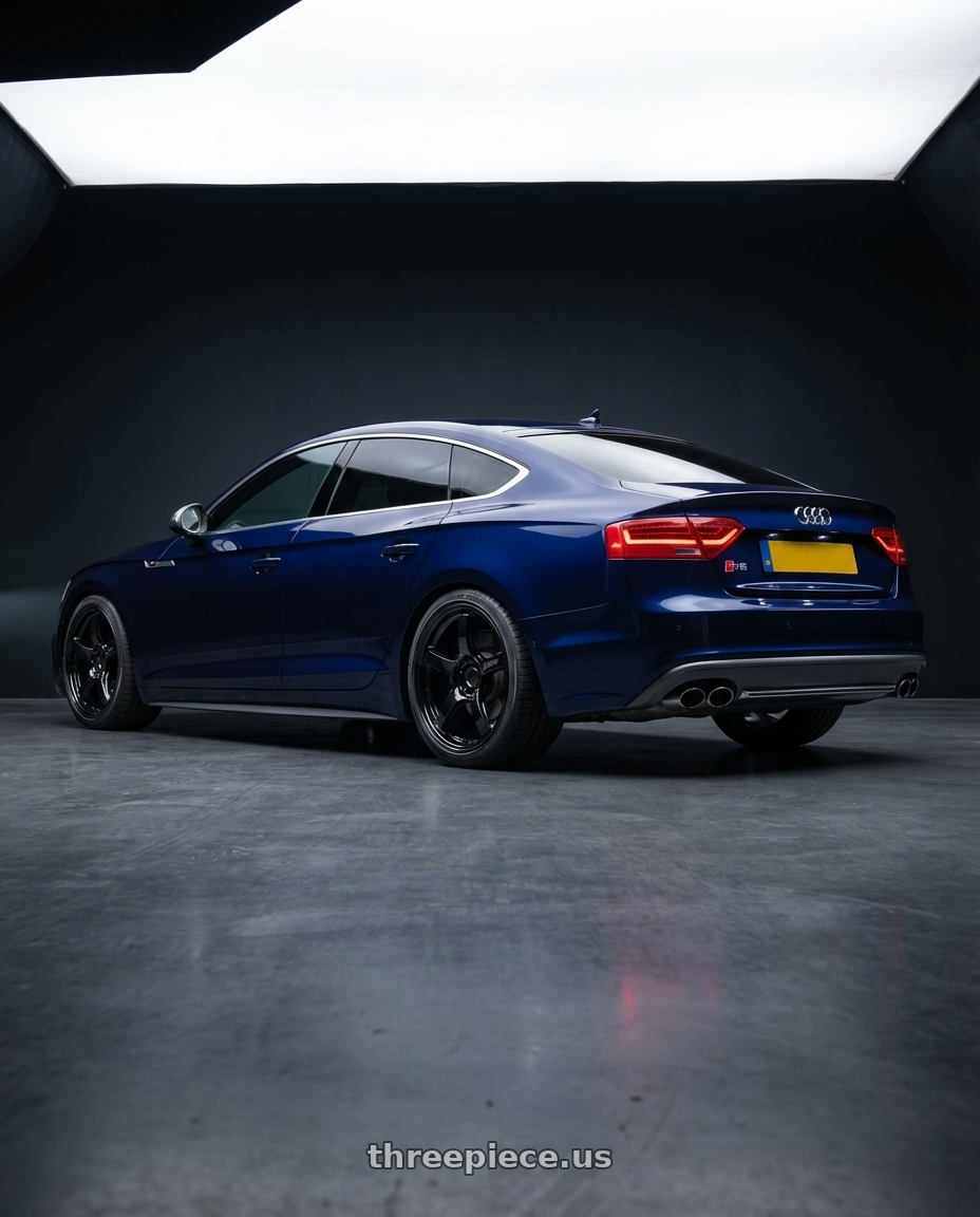 2014 Audi S5 B8 with Gram Lights 57CR 5x112 19x10.5+22 Glossy Black wheels rear three quarter view square tires