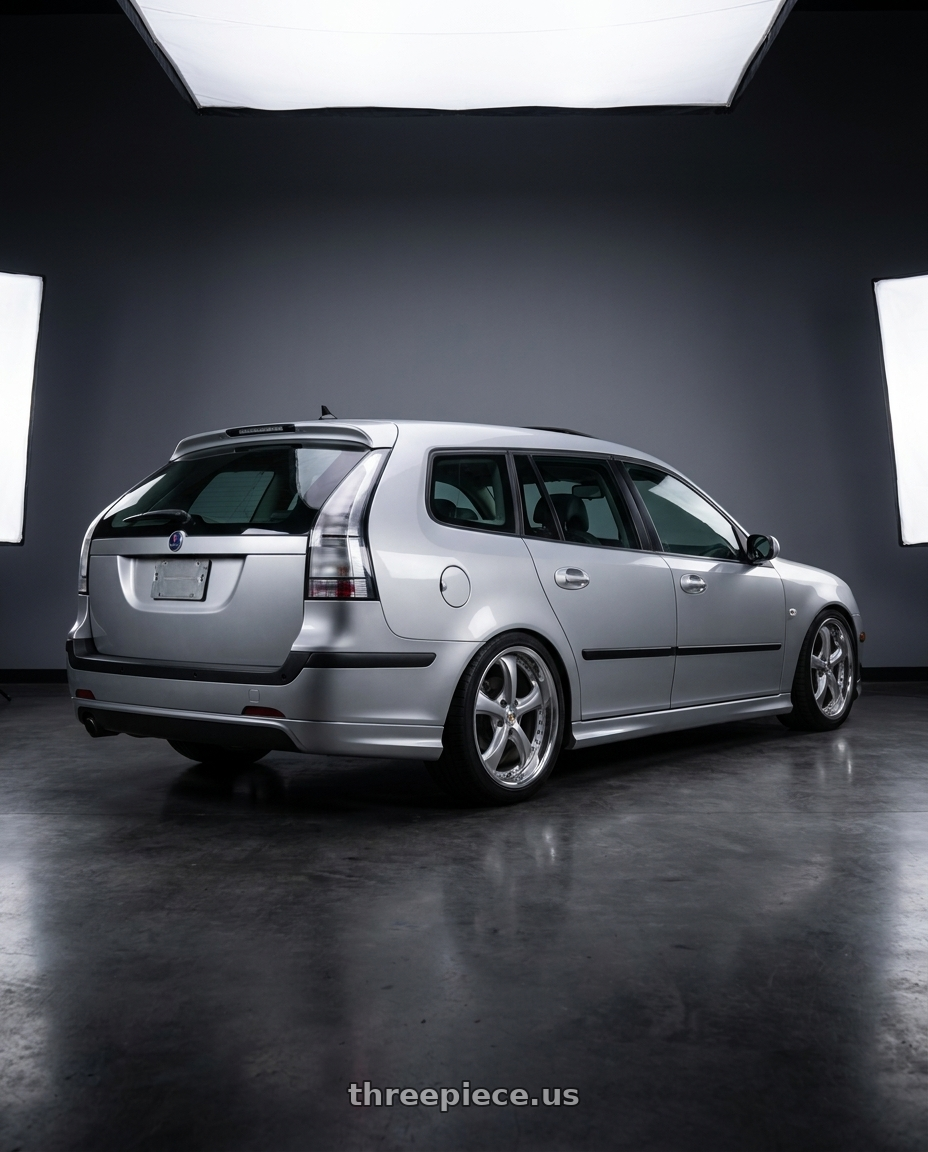 2006 Saab 93 Aero SportCombi with Work Wheels VS-KF 5x110 18x8.5+35 Light Grey Silver L Disk FULL REVERSE wheels rear three quarter view square tires