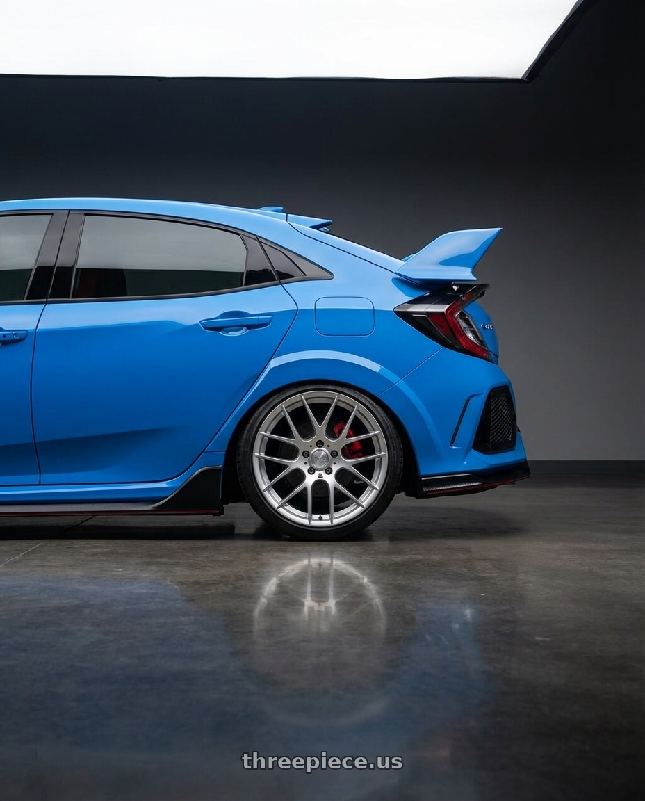 2020 Honda Civic Type R with Avant Garde Wheels M359 5X120 19x9 +18 Hyper Silver wheels rear three quarter view slight stretch tires