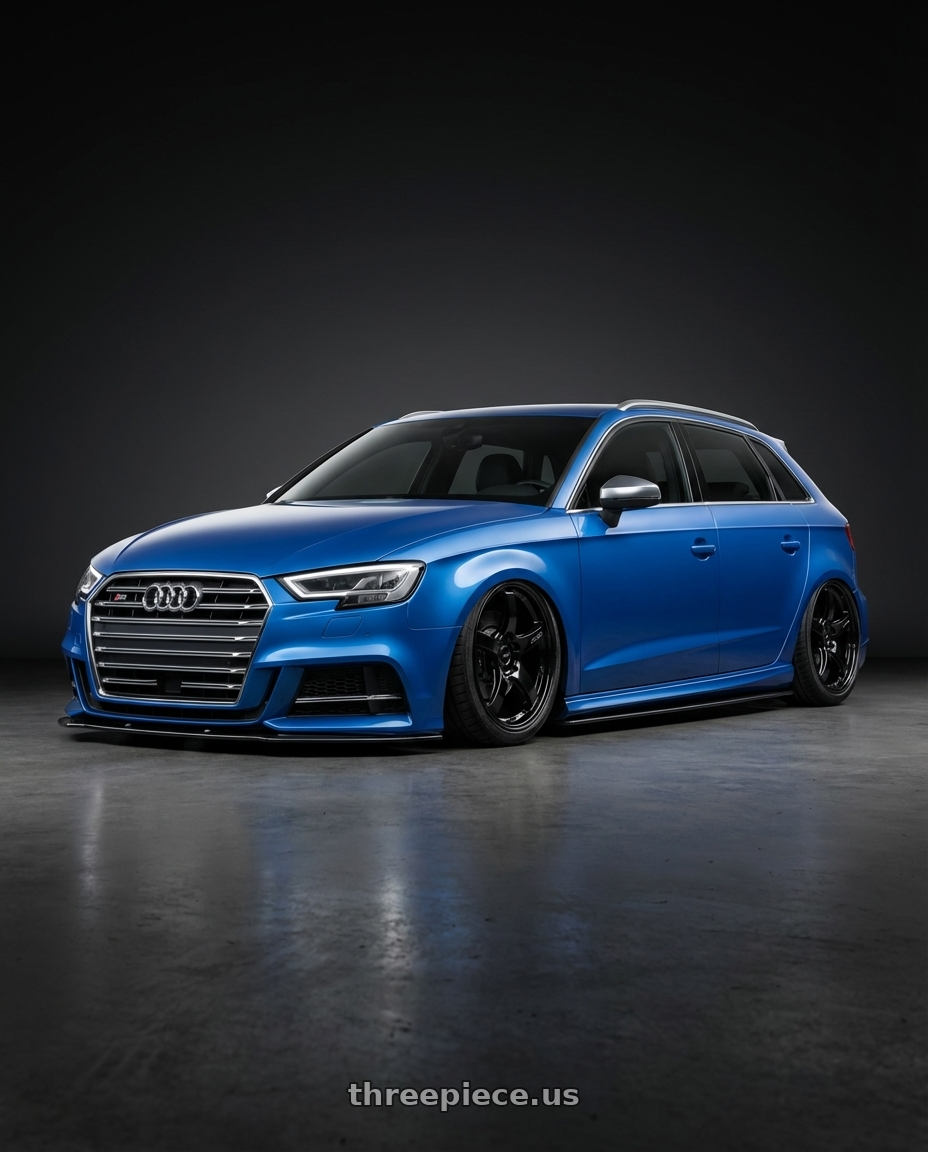 2019 Audi S3 8V with Gram Lights 57CR 5x112 19x10.5+22 Glossy Black wheels front three quarter view stanced stance