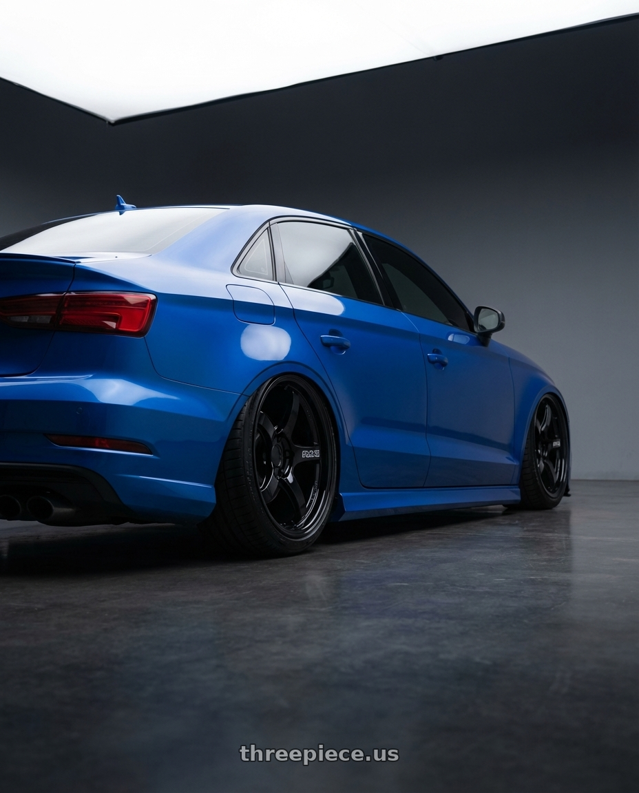 2019 Audi S3 8V with Gram Lights 57CR 5x112 19x10.5+22 Glossy Black wheels rear three quarter view slight stretch tires