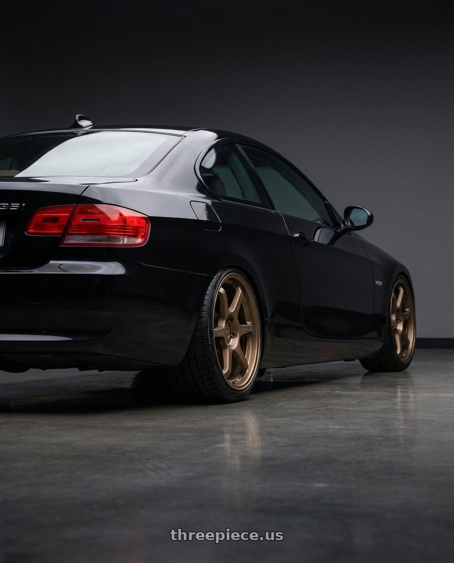 2008 335i e92 with Motegi MR145 TRAKLITE 3.0 5X120 18X8.5 +35 MATTE BRONZE wheels rear three quarter view slight stretch tires