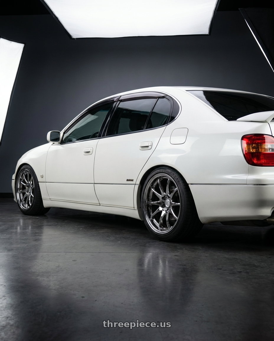 2001 Toyota Aristo with Aodhan DS02 5x114.3 18x8.5 +35 Vacuum Chrome wheels rear three quarter view square tires