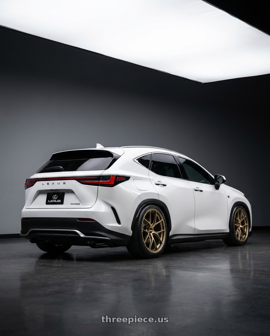 2023 Lexus NX200 with BBS RI-D 5x112 21x10.5 +10 Diamond Gold wheels rear three quarter view square tires