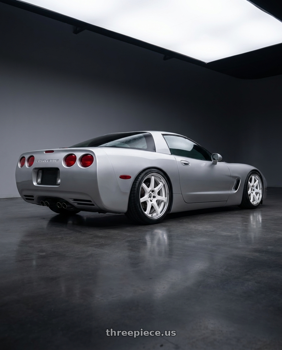 2000 Chevrolet corvette with Work T7r 2P 5x120 18x9.5 +38 WHITE wheels rear three quarter view square tires