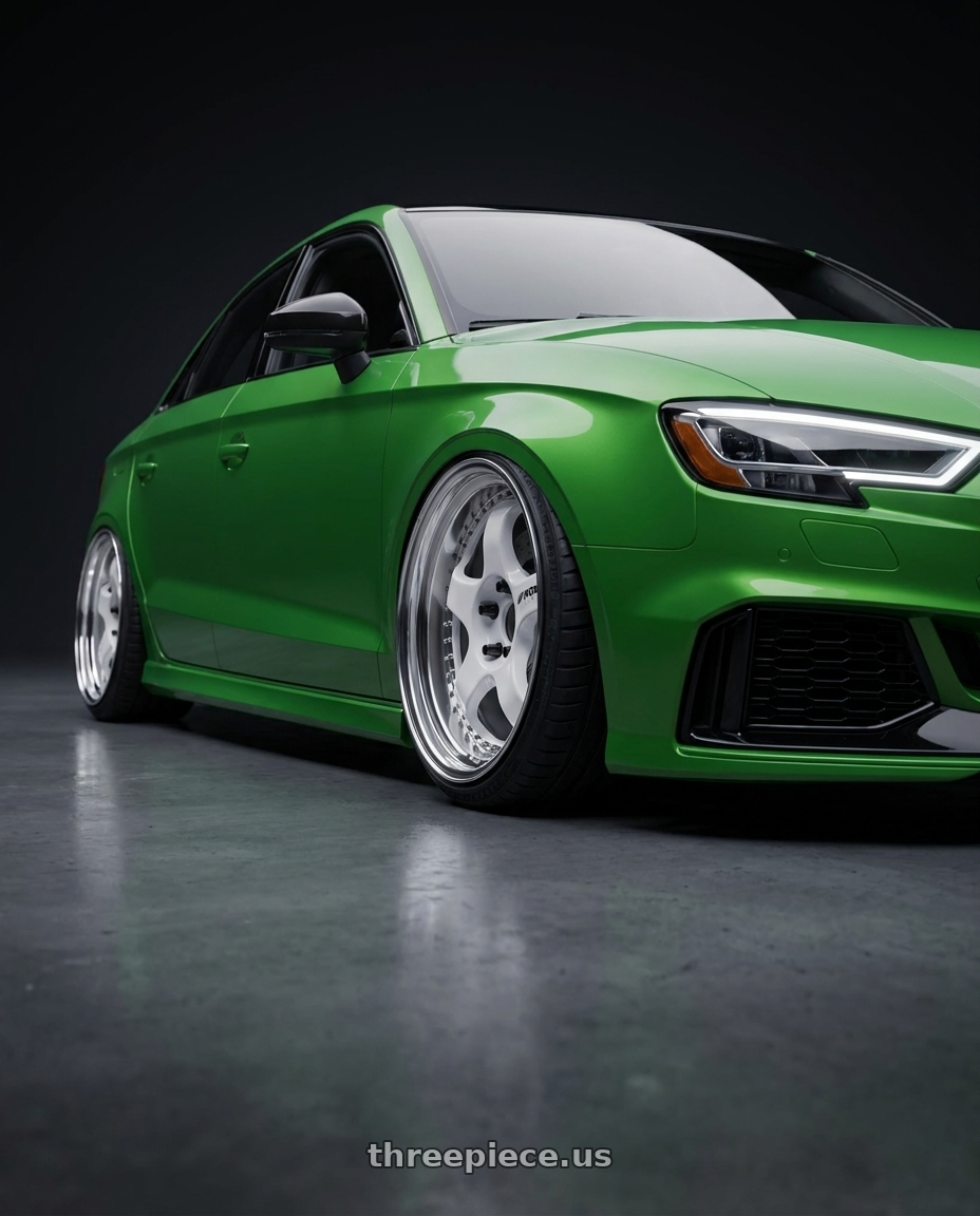 2017 Audi RS3 with Work Meister S1 3P 5x112 19x11+29 O Disk White wheels front three quarter view slammed stance