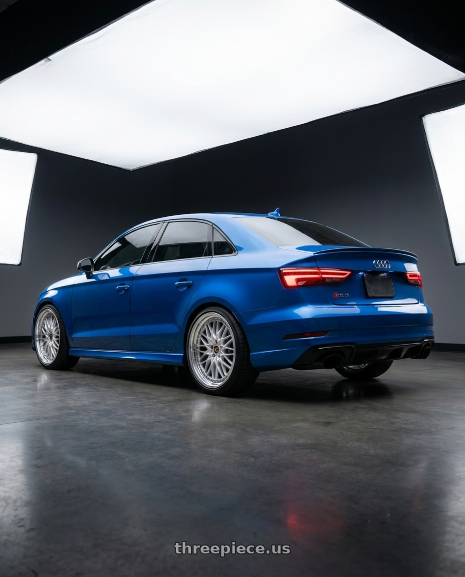 2018 Audi rs3 with Work Vs-Xv 5x112 19x9+40 A Disk Silky Rich Silver wheels rear three quarter view square tires