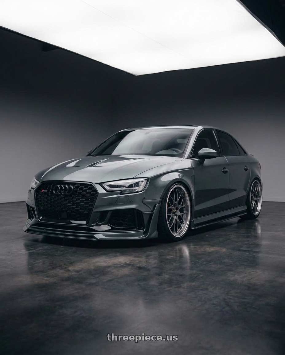 2015 Audi S3 with Volk Racing G025 5x112 20x10+25 Formula Silver / DC wheels front three quarter view lowered stance