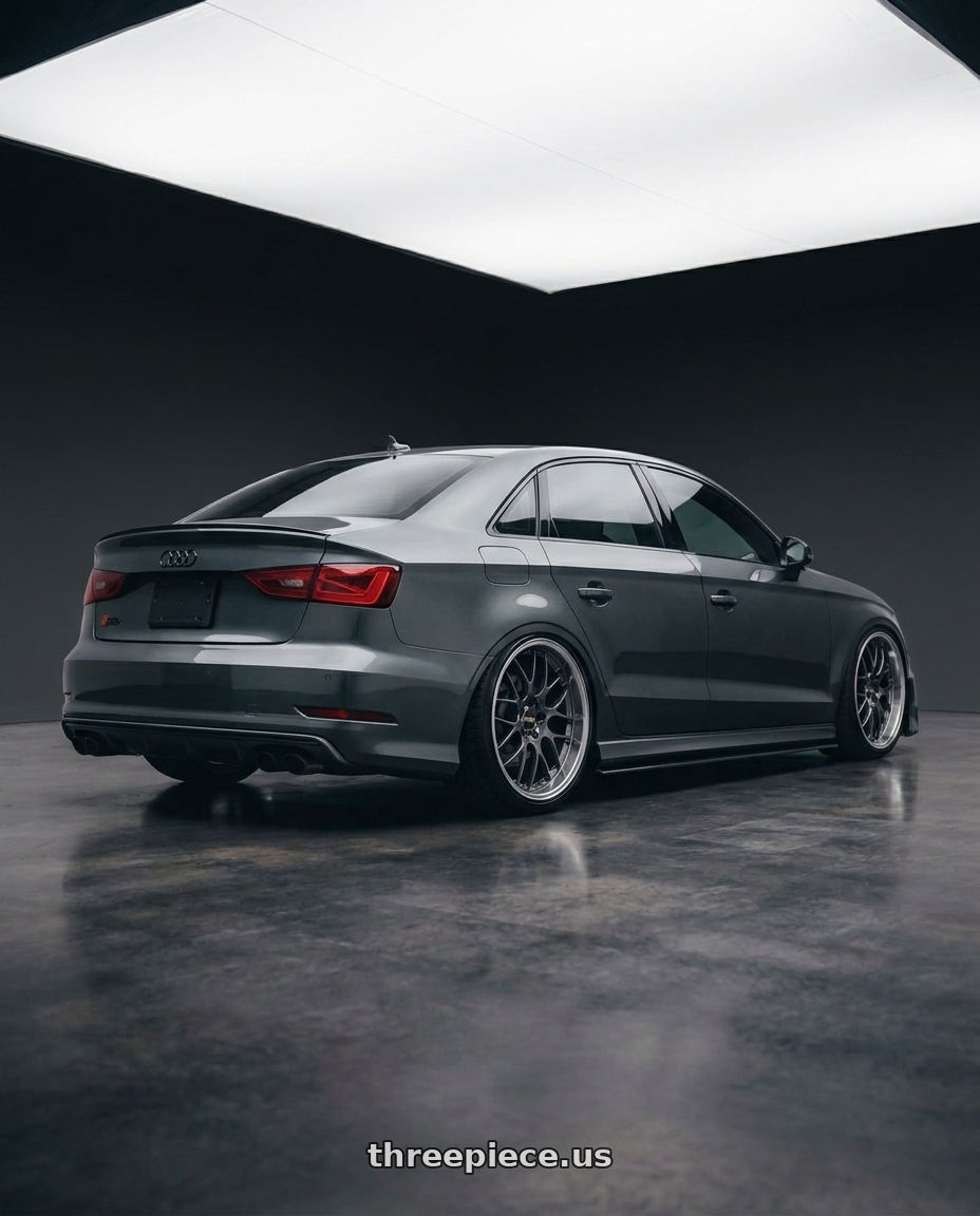 2015 Audi S3 with Volk Racing G025 5x112 20x10+25 Formula Silver / DC wheels rear three quarter view extreme stretch tires