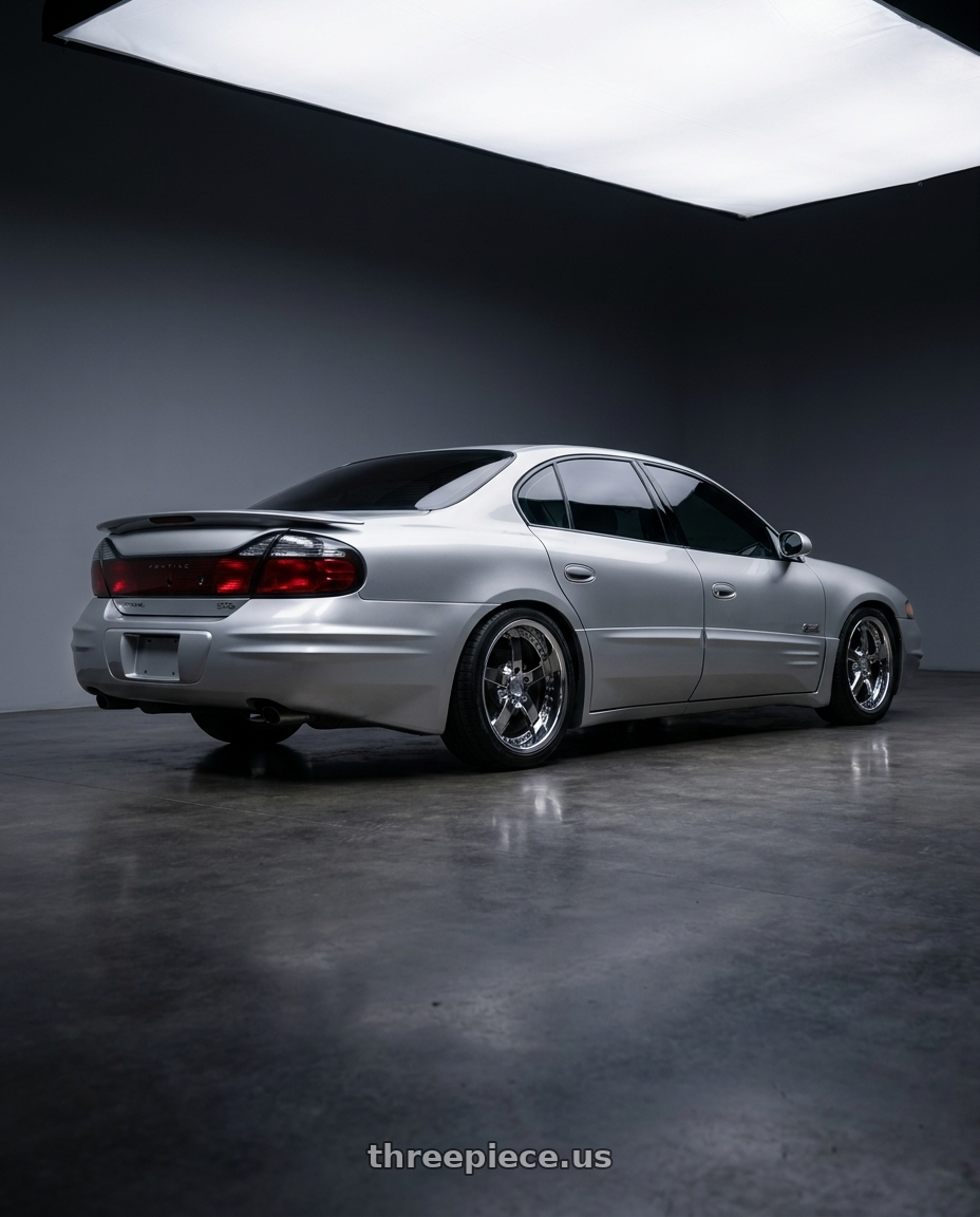 2000 Pontiac Bonneville SSEI with Work Equip E05 5x115 19x8+40 o disk 3d Chrome wheels rear three quarter view square tires