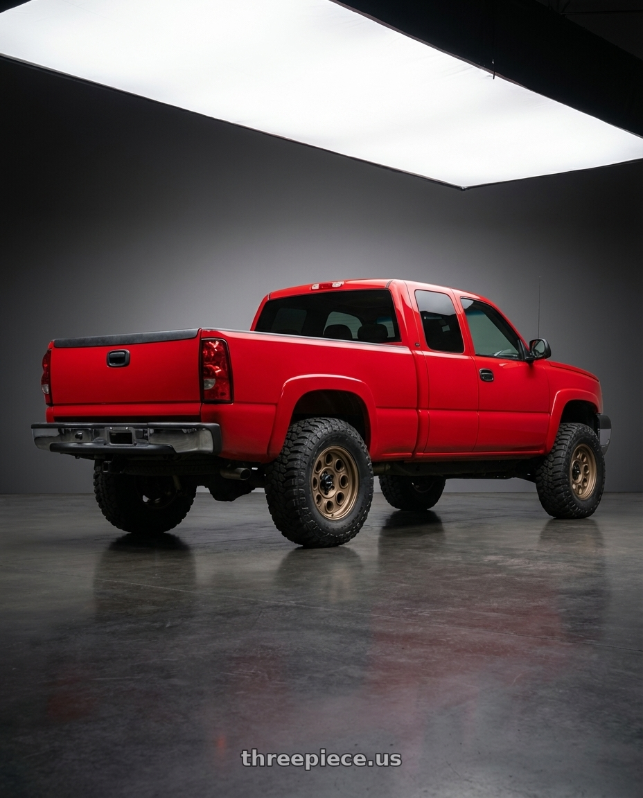 2005 Chevy Silverado with MVX OFFROAD VX81 6x139.7 17x8.5 -12 Matte Bronze wheels rear three quarter view meaty tires
