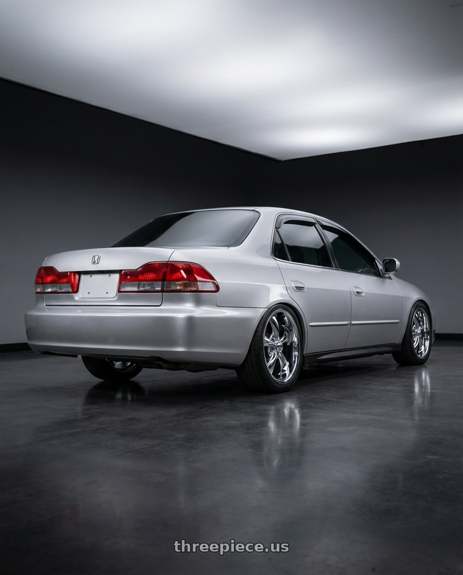 2002 honda accord with Ridler Type 695 5x120.65 18x9.5+6 Chrome wheels rear three quarter view square tires