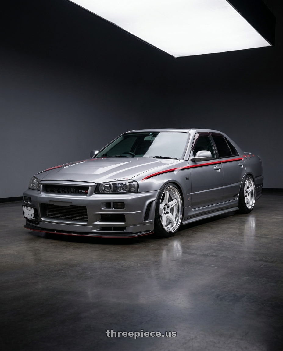1999 Nissan skyline sedan with Work T5R 2P 5x108 18x10.0 +22 WHITE wheels