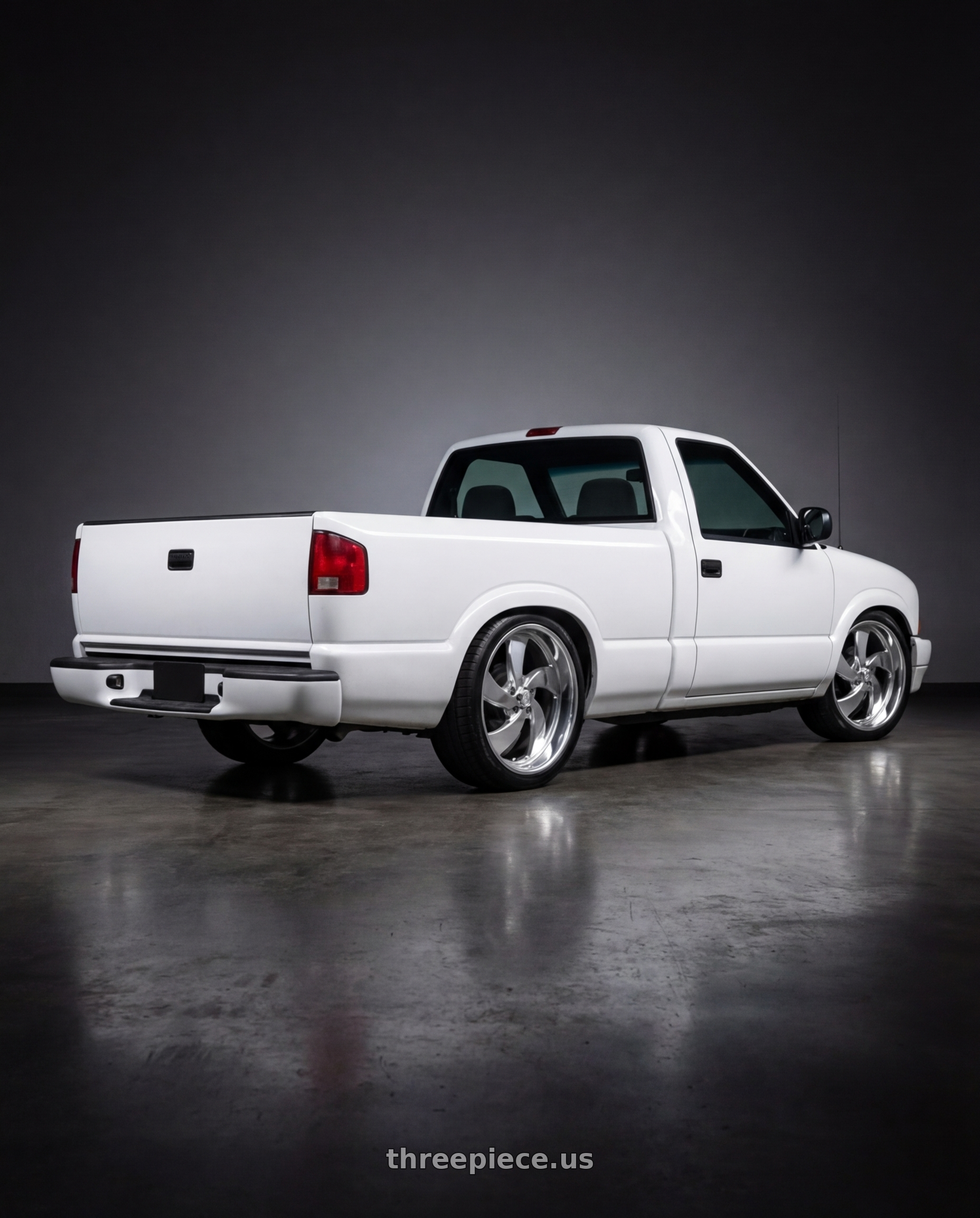 1998 chevy s10 with US Mag 1PC U132 DESPERADO 5X120.65 20X8 +1 CHROME wheels rear three quarter view square tires