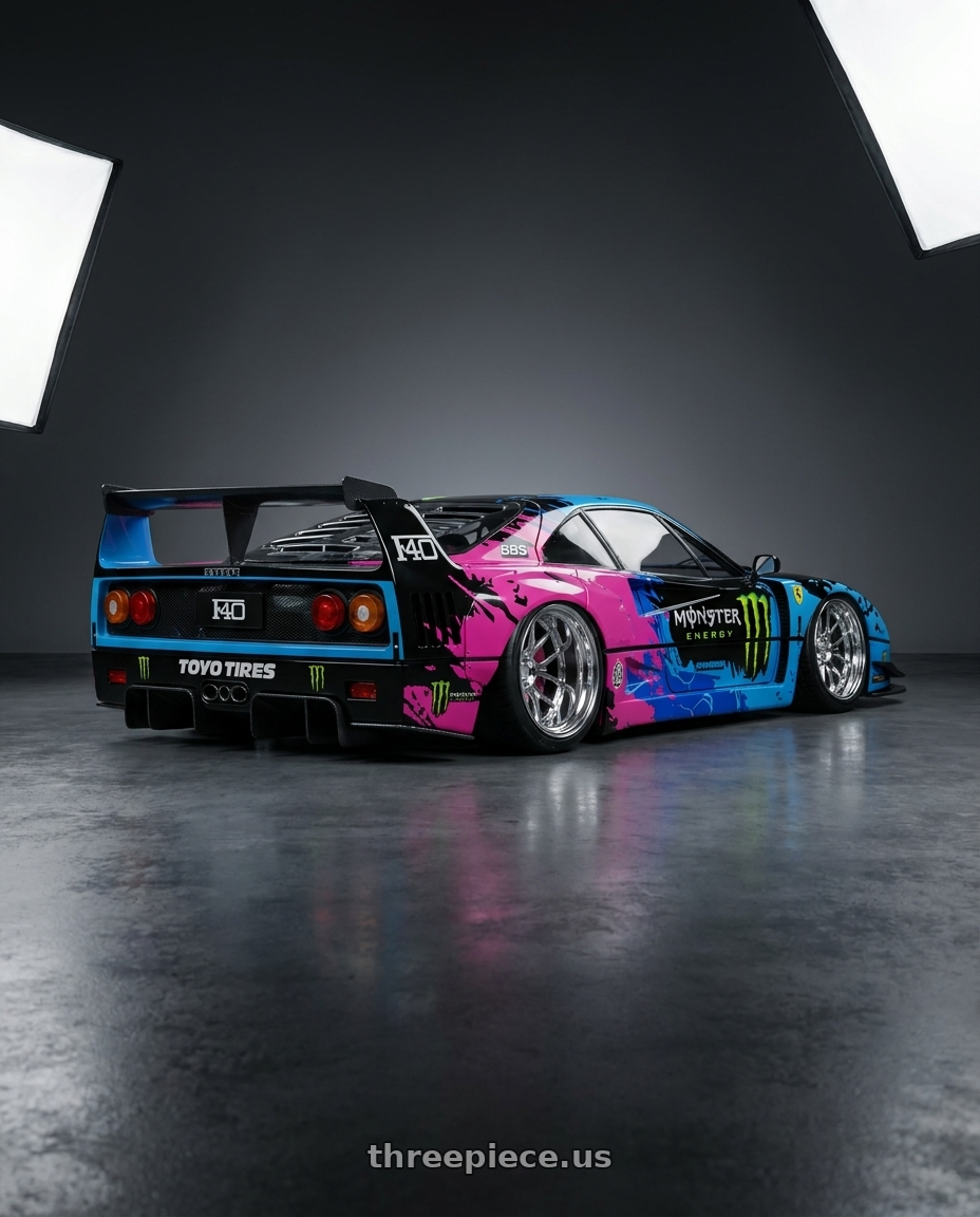 2025 Ferrari F40 (Demon King Auto-F40 LB-Works寬體鷗翼門概念改裝模型車) with Axe AF6 Forged 6x135/6x139.7 26X14 -76 FULLY POLISHED wheels rear three quarter view slight stretch tires