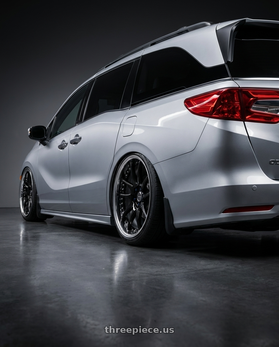 2024 honda odyssey with Work Emotion Cr 3P 5x120 20x8.5+44 L Disk Gloss Black wheels rear three quarter view slight stretch tires
