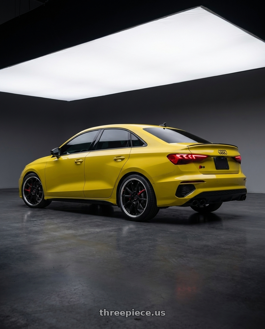 2023 Audi S3 with Work Zr10 2P 5x112 19x8.5 +45 Black wheels rear three quarter view square tires