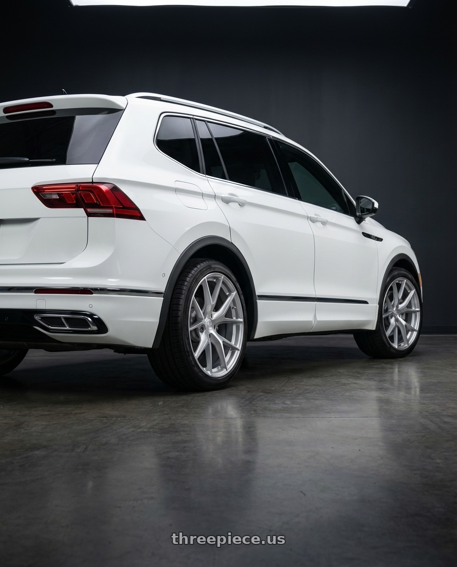 2023 vw Tiguan SEL r line with Aodhan AFF7 5x112 20x9+30 Gloss Silver Machined Face wheels rear three quarter view square tires