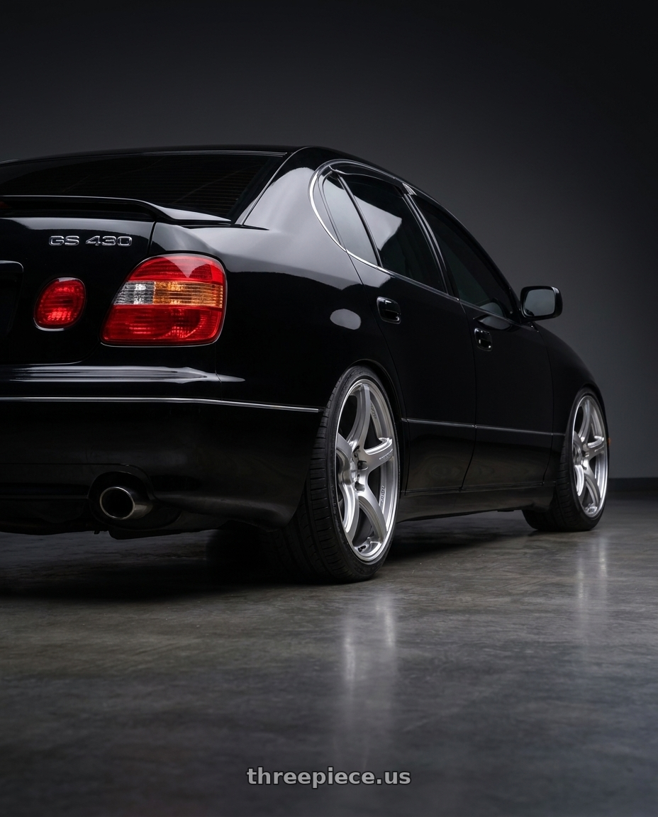 2003 lexus gs 430 with Work Emotion T5r 5x114.3 18x8.5 +45 Glow Silver wheels rear three quarter view square tires