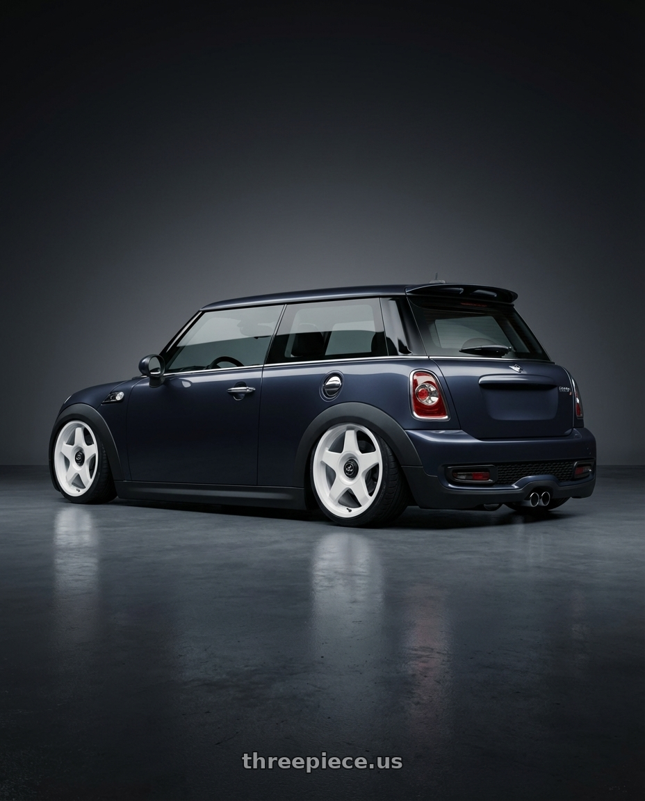 2010 Mini Cooper S R56 with fifteen52 CHICANE 4x100 / 4x108 17x7.5 +42 RALLY WHITE (GLOSS WHITE) wheels rear three quarter view slight stretch tires