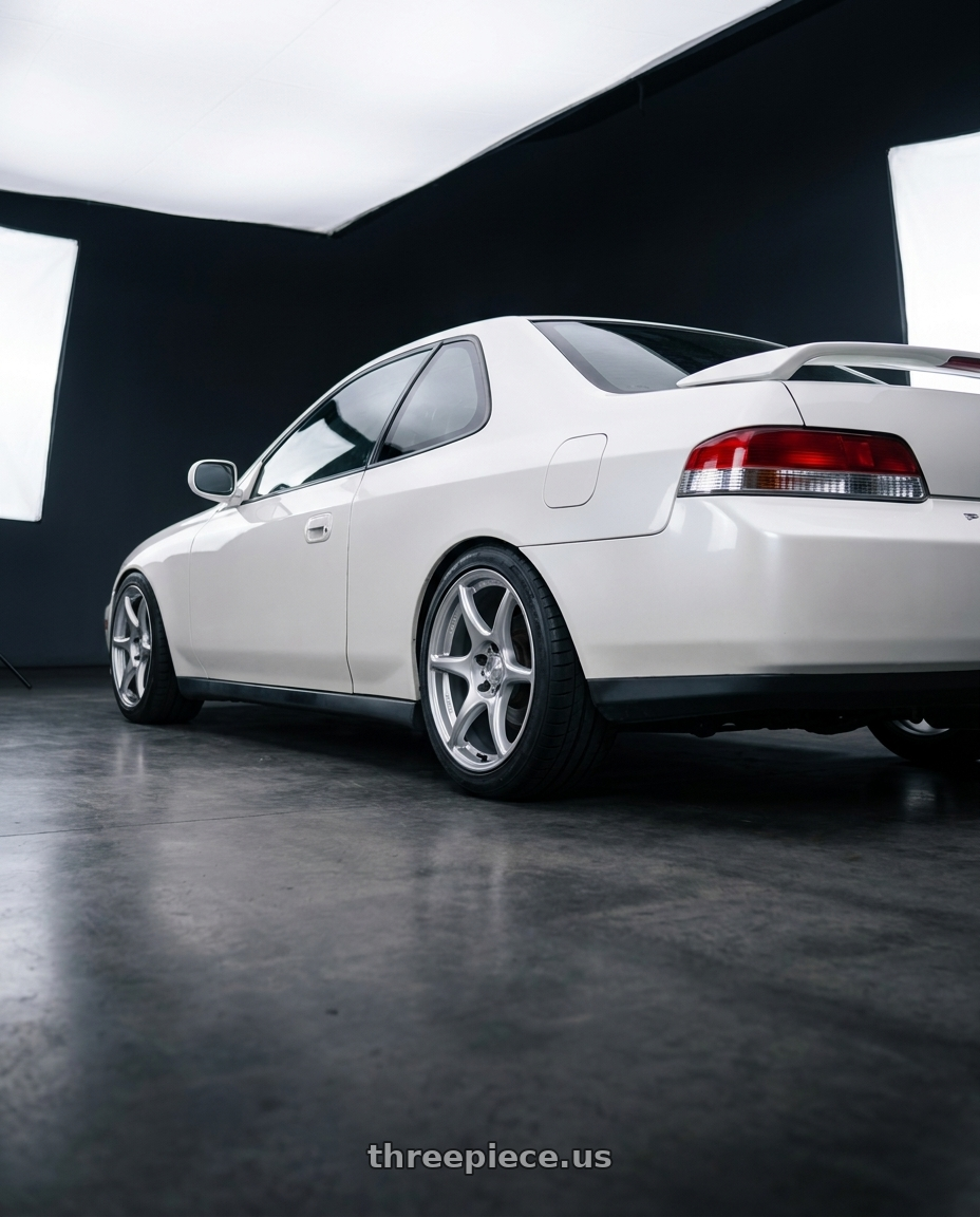 2001 honda prelude  with Kansei K11S Tandem 5X100 18x9 12 Hyper Silver wheels rear three quarter view square tires