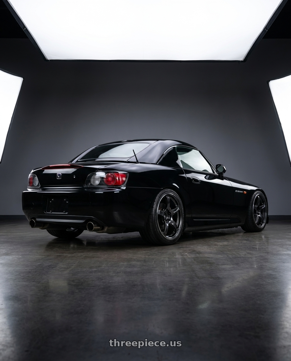 2000 Honda S2000 with Advan Racing TC4 5x114.3 17x9.0 +45 BLACK GUNMETALLIC & RING wheels rear three quarter view square tires
