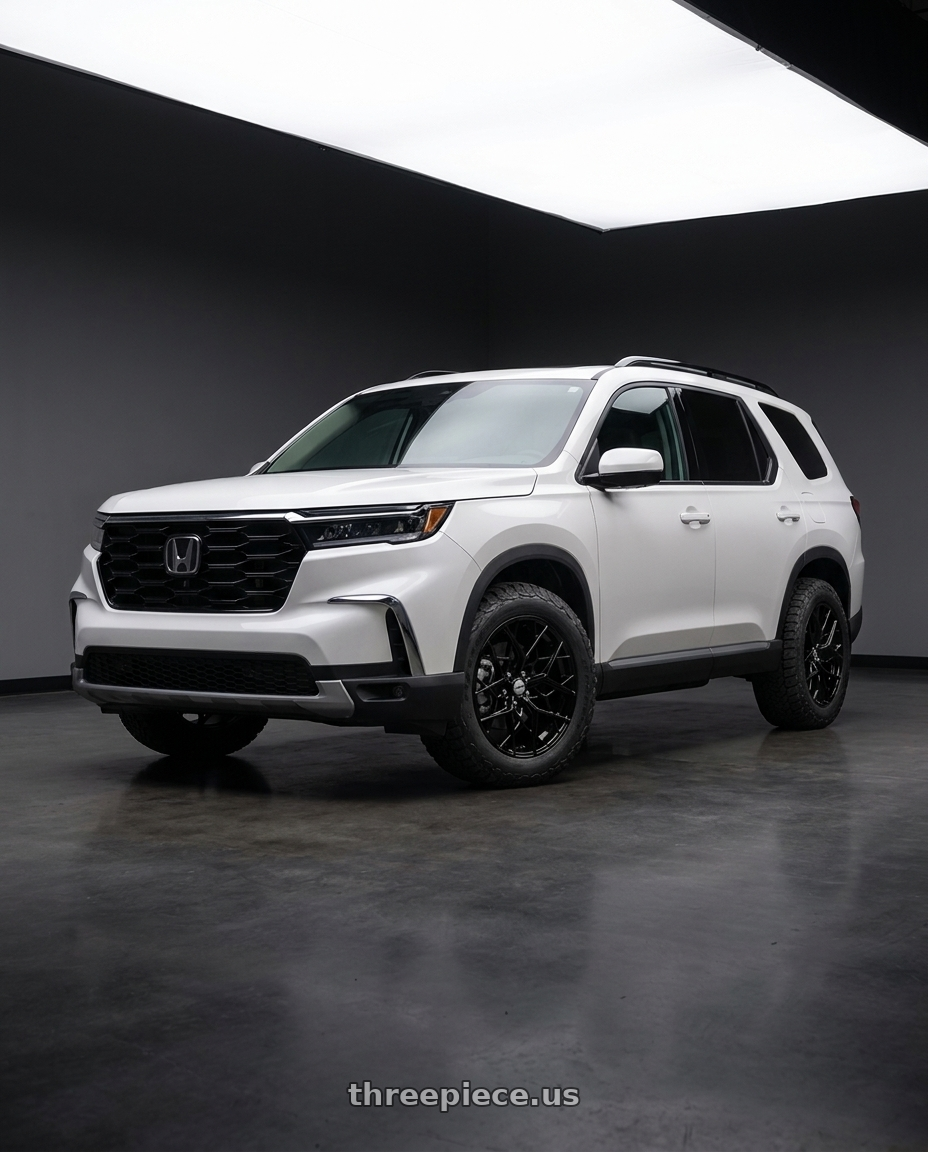 2023 Honda Pilot Touring with Shift Piston 5x120 20x8.5 +35 Gloss Black wheels front three quarter view stock stance