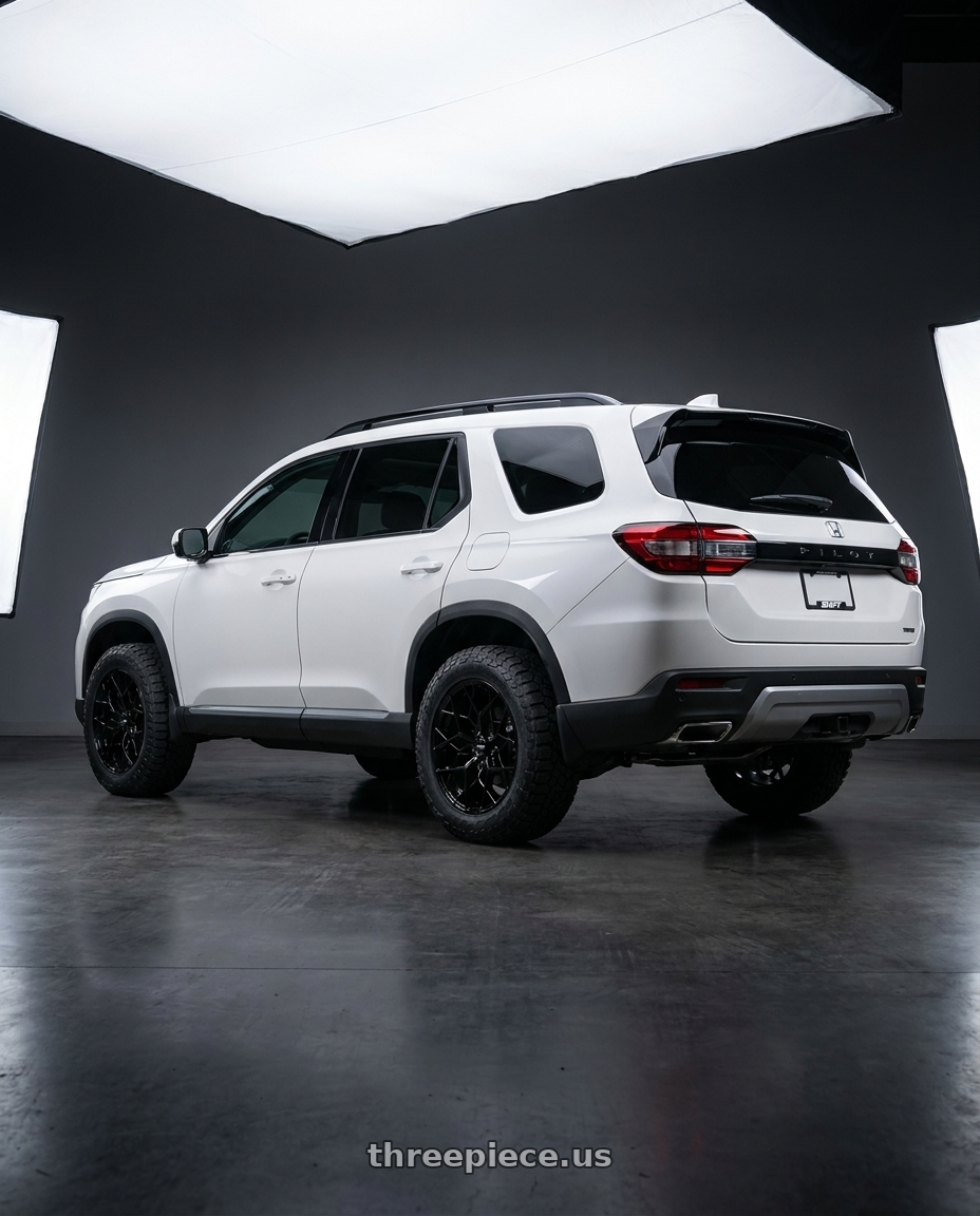 2023 Honda Pilot Touring with Shift Piston 5x120 20x8.5 +35 Gloss Black wheels rear three quarter view meaty tires