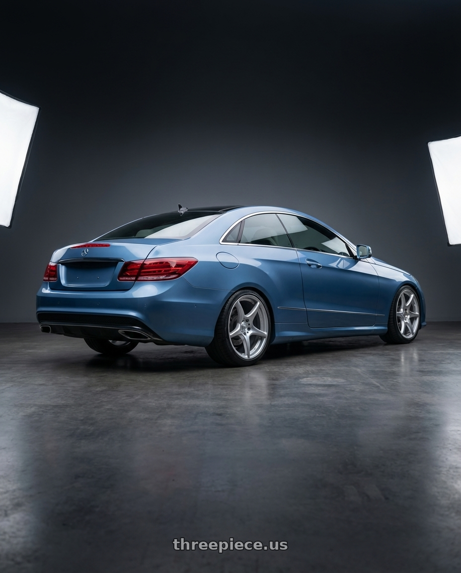 2014 Mercedes-Benz E-Class Coupe C207 with Kansei K11S Tandem 5X112 19x9.5 22 Hyper Silver wheels rear three quarter view square tires