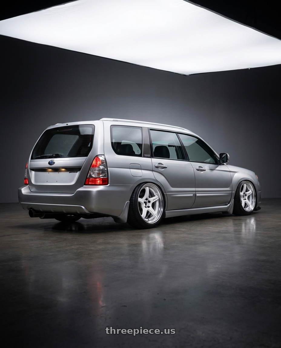 2004 Subaru Forester XT with Work T5R 2P 5x100 18x9.5 +38 WHITE wheels rear three quarter view slight stretch tires