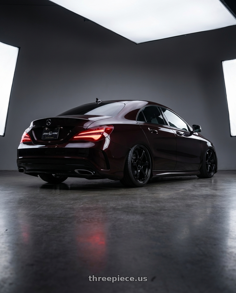 2018 Mercedes-Benz CLA C117 with Gram Lights 57DR 5x112 19x9.5 +25 GLOSSY BLACK wheels rear three quarter view slight stretch tires