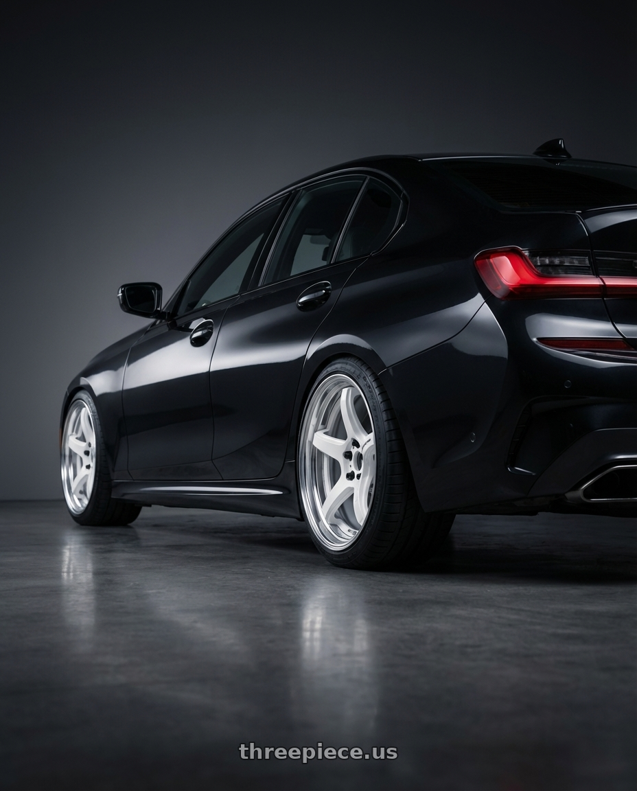 2020 BMW m340i with Work T5R 2P 5x100 18x10.0 +12 WHITE wheels rear three quarter view square tires