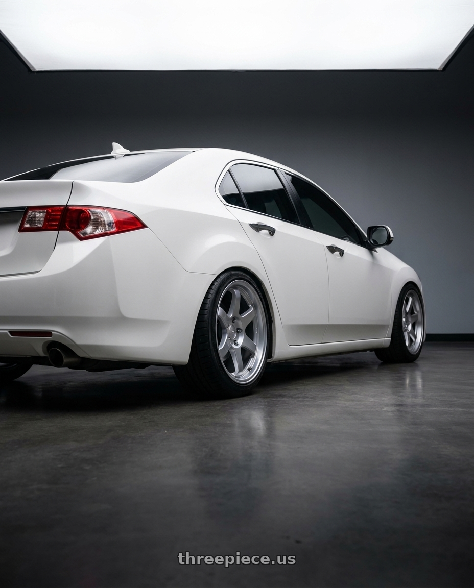 2013 Acura TSX with Kansei K11S Tandem 5x114.3 18x8.5 35 Hyper Silver wheels rear three quarter view square tires