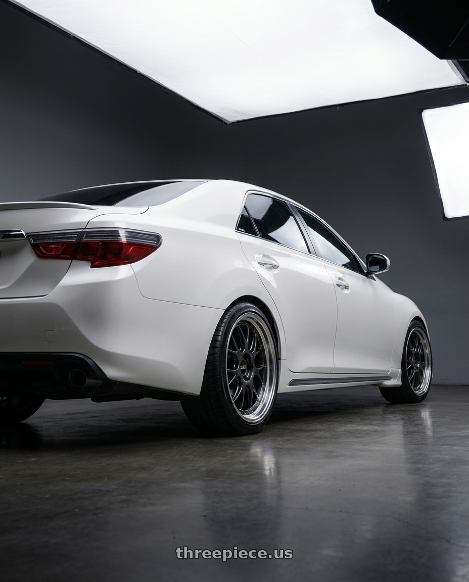 2014 Toyota Mark X with BBS LM-R 5x114.3 19x8.5+43 Diamond Black wheels rear three quarter view square tires