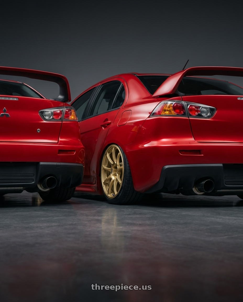 2012 Mitsubishi Lancer Evo X with Advan RCIII 5x114.3 18x7.5+45 Gold wheels rear three quarter view slight stretch tires