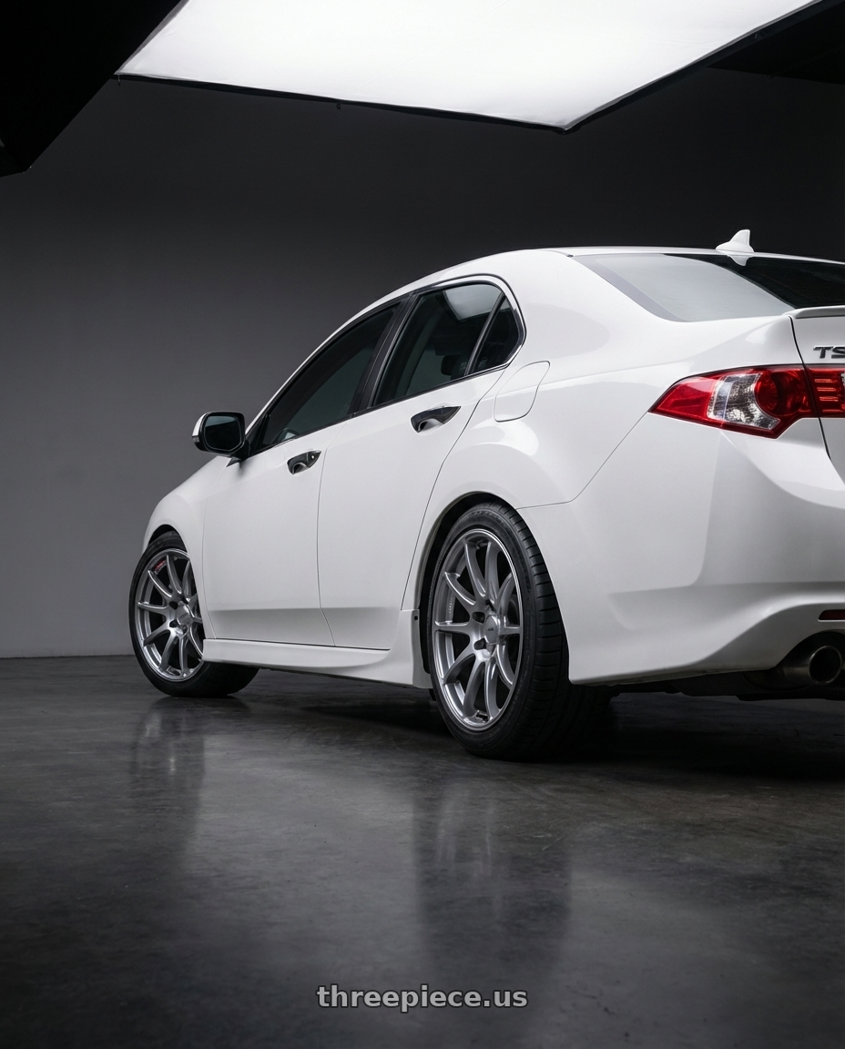 2013 Acura TSX with Ssr Gtv02 5x114.3 18x8.5+40  GLARE SILVER wheels rear three quarter view square tires