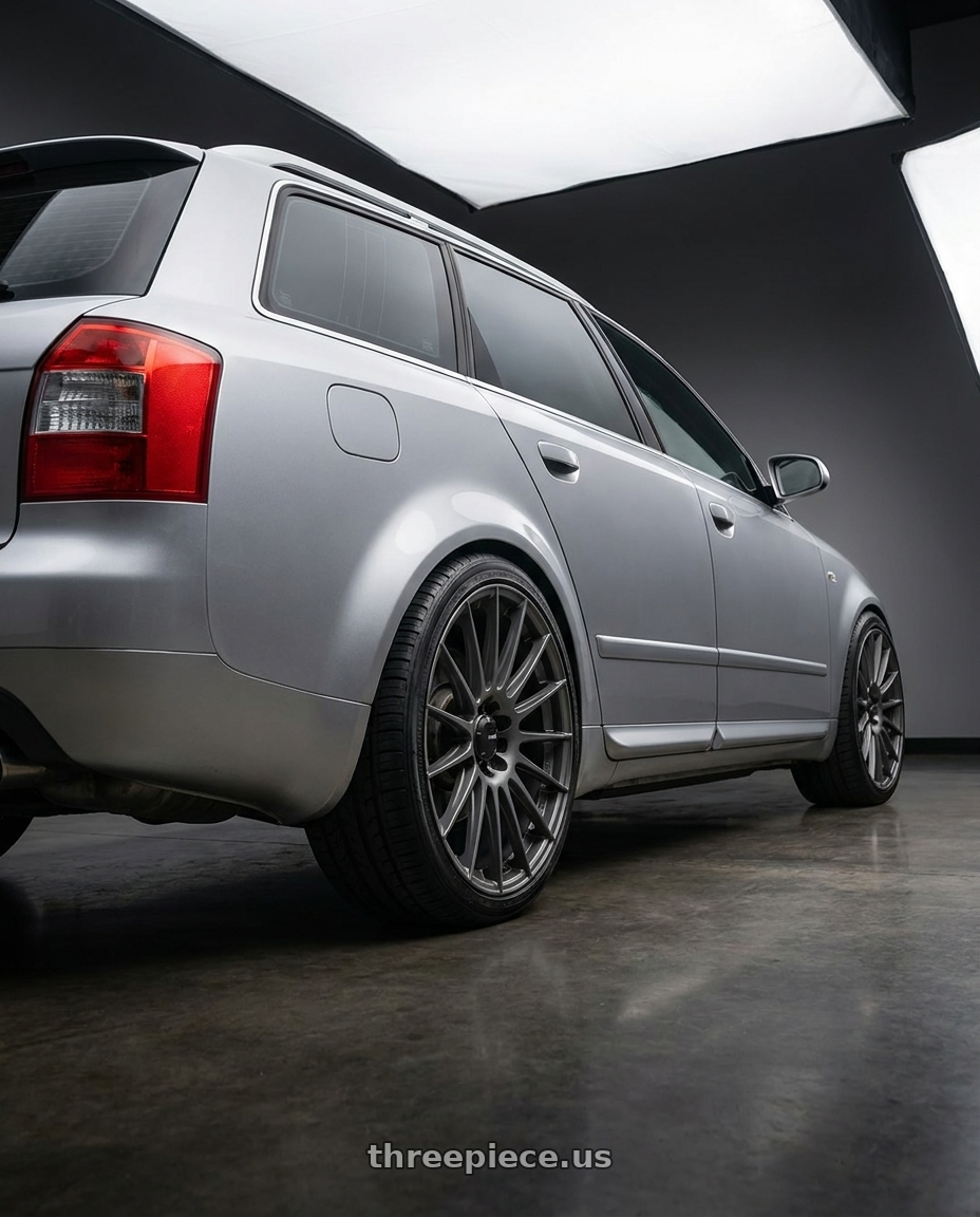 2004 Audi A4 Quattro Avant Ultrasport with Konig Rennform 5x112 18x8+45 Matte Grey wheels rear three quarter view square tires